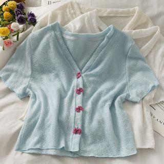 Embossed Ribbon-button V-neck Light Top