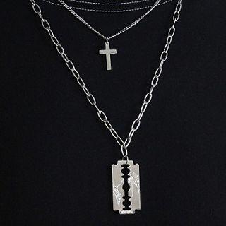 Razor Blade Cross Pendant Layered Necklace Silver - One Size