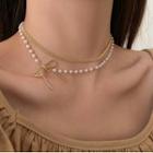 Layered Faux Pearl Bow Choker Gold - One Size