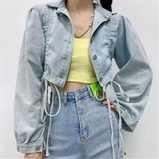 Long Puff Sleeve Drawstring Denim Jacket