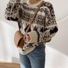 Drop-shoulder Patterned Sweater Camel - One Size