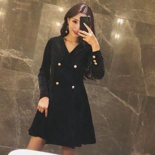 Velvet V-neck Double-breasted High-waist Long-sleeve Dress