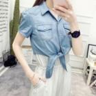 Short-sleeve Tie-waist Denim Shirt