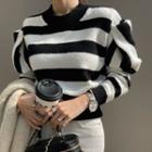 Mutton-sleeve Stripe Knit Top Black - One Size