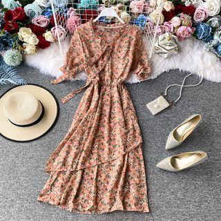 Tie-neck Short-sleeve Floral Print Chiffon Dress