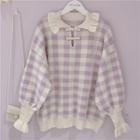 Gingham Ruffle Trim Sweater Purple - One Size