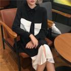 Panel Asymmetrical Fish Tail Shirt Dress Long-sleeve Wide Medium Long Dress Black & White - One Size