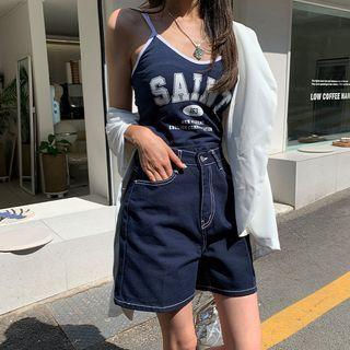 Strap-shoulder Letter Crop Top