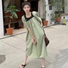 Short-sleeve Two Tone A-line Dress Khaki Green - One Size