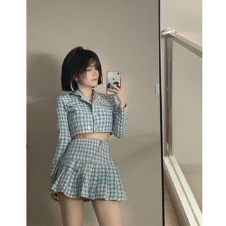 Long-sleeve Double Breasted Plaid Cropped Blazer / High-waist Plaid Skirt