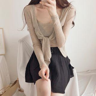 Set: See-through Camisole Top + Open Knit Cardigan