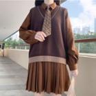 Pleated Mini A-line Dress / V-neck Sweater Vest