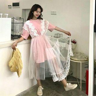 Lace Mock-two Loose-fit Short-sleeve Dress