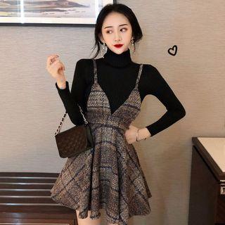 Turtleneck Knit Top / Spaghetti Strap Plaid Mini Dress