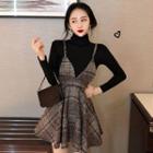 Turtleneck Knit Top / Spaghetti Strap Plaid Mini Dress