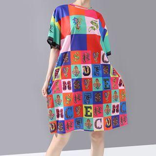 Elbow-sleeve Alphabet Print T-shirt Dress As Shown In Figure - One Size