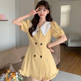 Puff-sleeve Peter Pan-collar Ruffle Hem Double-breasted Mini A-line Dress