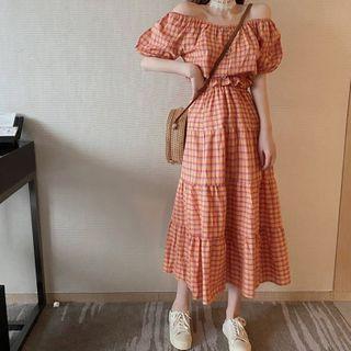 Set: Plaid Off-shoulder Puff-sleeve Top + Tiered Midi A-line Skirt