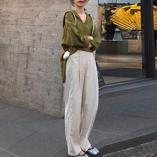 Set: Hooded Long-sleeve Top + High Waist Wide-leg Pants