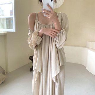 Spaghetti Strap Midi Shift Dress / Open-front Light Jacket