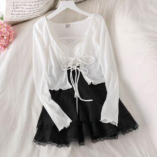 Lace Trim Cropped Camisole Top / Tie-strap Cardigan / Mini A-line Skirt