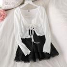 Lace Trim Cropped Camisole Top / Tie-strap Cardigan / Mini A-line Skirt