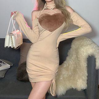 Long-sleeve Off-shoulder Heart Panel Mini Bodycon Dress