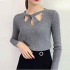 Long-sleeve Cutout Plain Slim-fit Knit Top