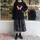 Long-sleeve Butterfly Print T-shirt / Tie-dyed Midi A-line Skirt