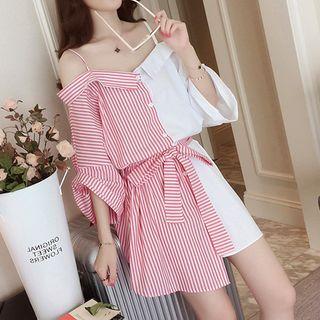 Striped Panel Off-shoulder 3/4-sleeve Dress