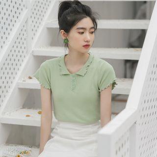 Ruffle Trim Knit Polo Shirt