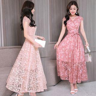 Cap-sleeve Midi A-line Lace Dress