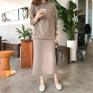 Set: Hooded Sweatshirt + Slit-hem Midi Skirt