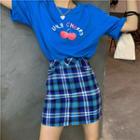 Elbow-sleeve Printed T-shirt / Plaid A-line Mini Skirt
