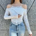 Cold-shoulder Ribbed Lace T-shirt