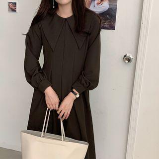 Long-sleeve Collared Plain Dress Coffee - One Size