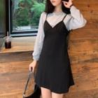 Mock Two-piece Long-sleeve Mini Dress Black & Gray - One Size