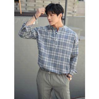 Half-placket Boxy Plaid Shirt