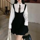 Plain Shirt / Mini A-line Overall Dress / Neck Tie