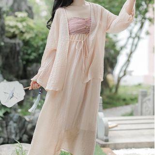 Spaghetti-strap Midi A-line Dress / Open-front Jacket