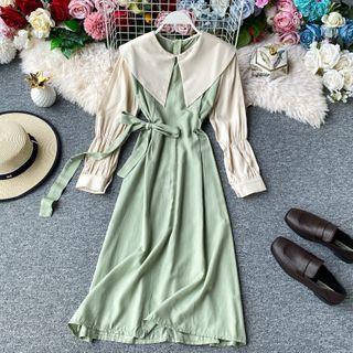 Shirred-sleeve Collared Midi A-line Dress