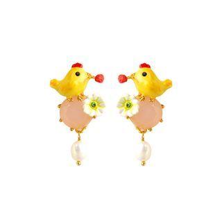 Fashion Cute Plated Gold Enamel Chicken Stud Earrings With Imitation Pearls Golden - One Size