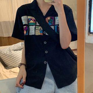 Embroidered Short-sleeve Blouse Navy Blue - One Size
