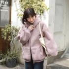 Embroider Hooded Faux Shearling Oversize Jacket