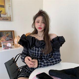 Off-shoulder Ruffle Plaid Blouse / Asymmetrical Mini Pencil Skirt