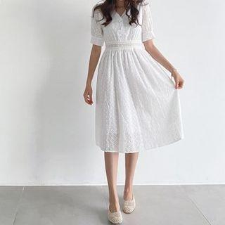 Half-placket Eyelet Lace Dress White - One Size