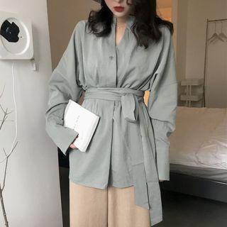 V-neck Blouse With Sash Green - One Size