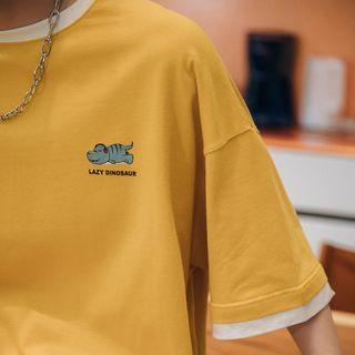 Mock Two-piece Dinosaur Print Oversize Tee