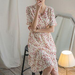 Band-waist Heart Patterned Dress Cream - One Size