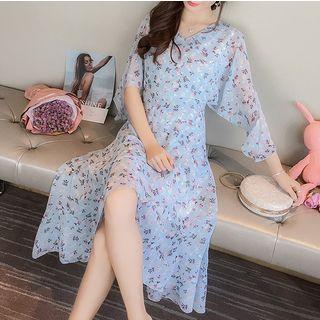 Elbow-sleeve Cutout Floral Print Beach Dress